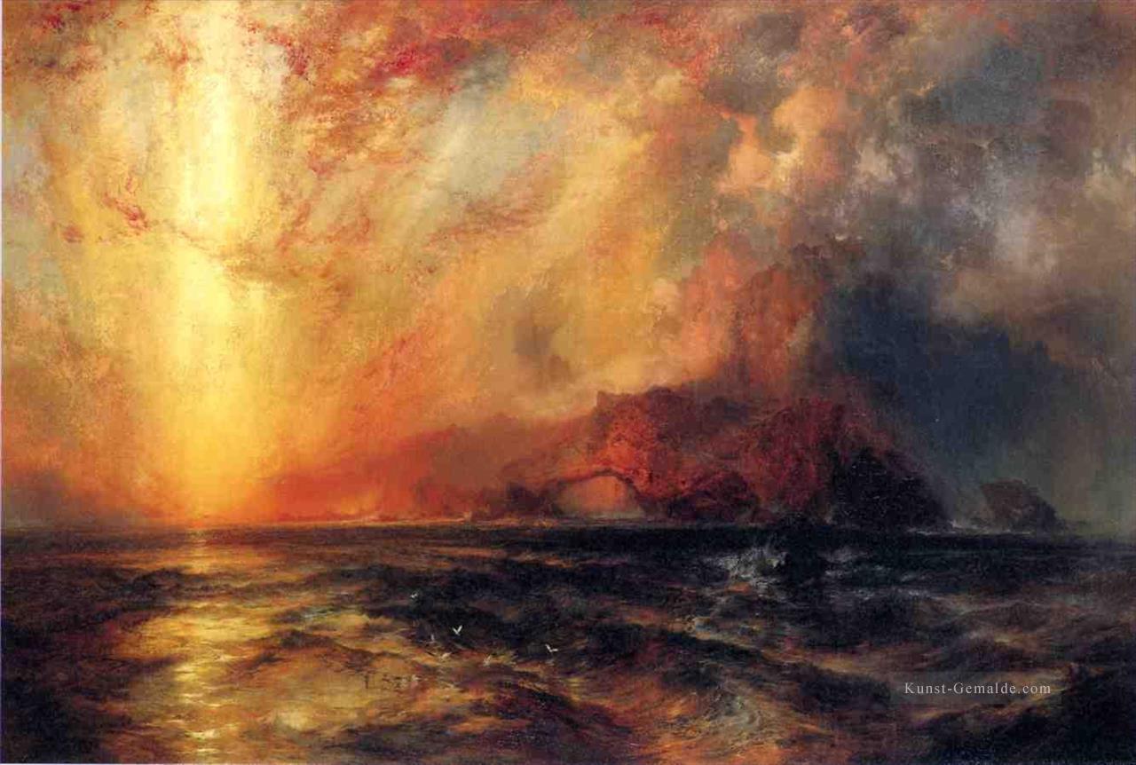 Fiercely die Red Sun absteigende Burned seinen Weg über den Himmel Landschaft Thomas Moran Strand Ölgemälde